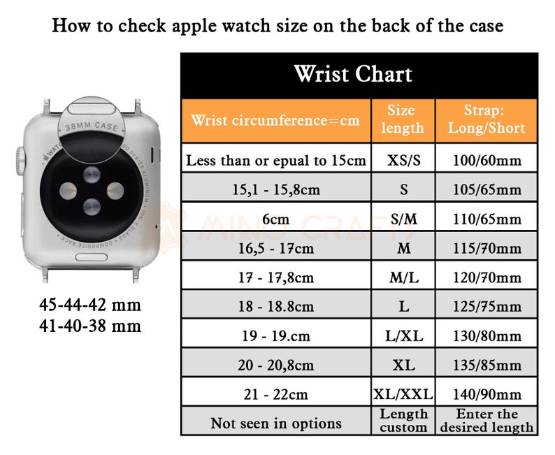 May include: A chart showing Apple Watch sizes and corresponding wrist circumferences in centimetres. The chart also lists the size of the watch case in millimetres and the length of the strap in millimetres. The chart includes the following sizes: XS/S, S, S/M, M, M/L, L, L/XL, XL, XL/XXL, and custom.