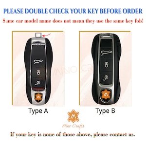 May include: Two black car key fobs with silver buttons and a silver logo. The key fob on the left has a small silver piece on the top. The key fob on the right has a larger silver piece on the top. The key fobs are labelled "Type A" and "Type B".