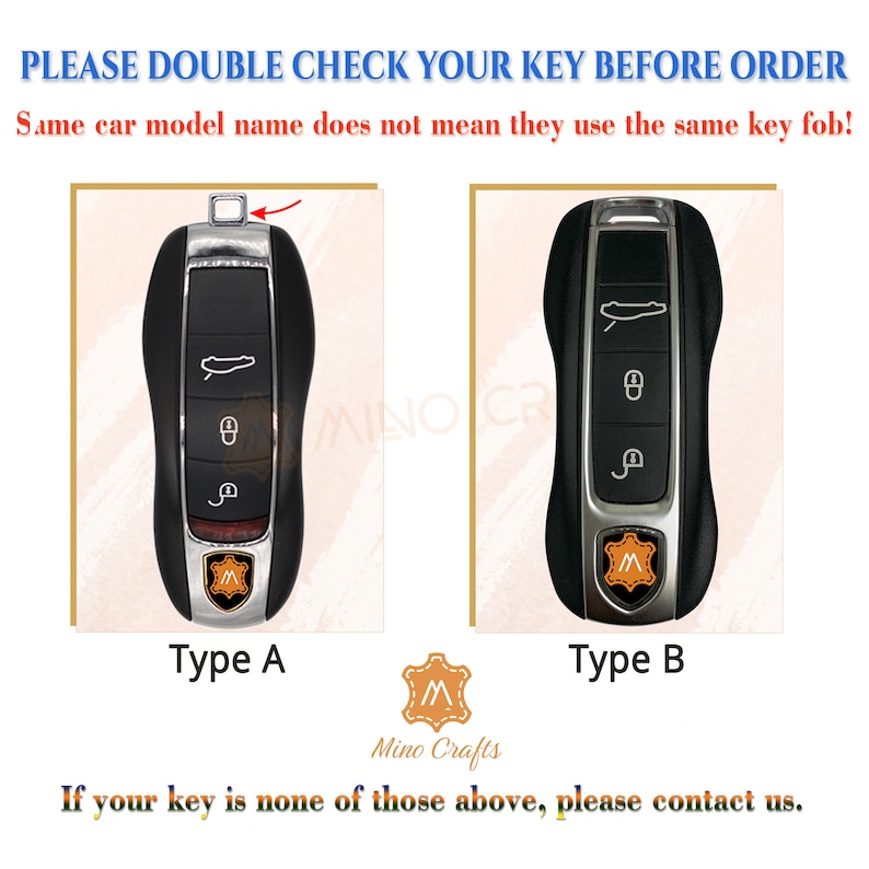 May include: Two black car key fobs with silver buttons and a silver logo. The key fob on the left has a small silver piece on the top. The key fob on the right has a larger silver piece on the top. The key fobs are labelled "Type A" and "Type B".