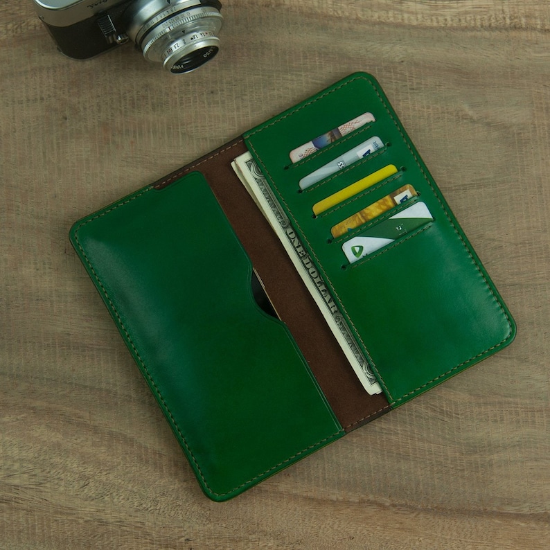 Green Checkbook Wallet Gift for her Minimal Long Wallet with phone holder Bifold Leather Wallet Hand Stitched Long Wallet Gift for him