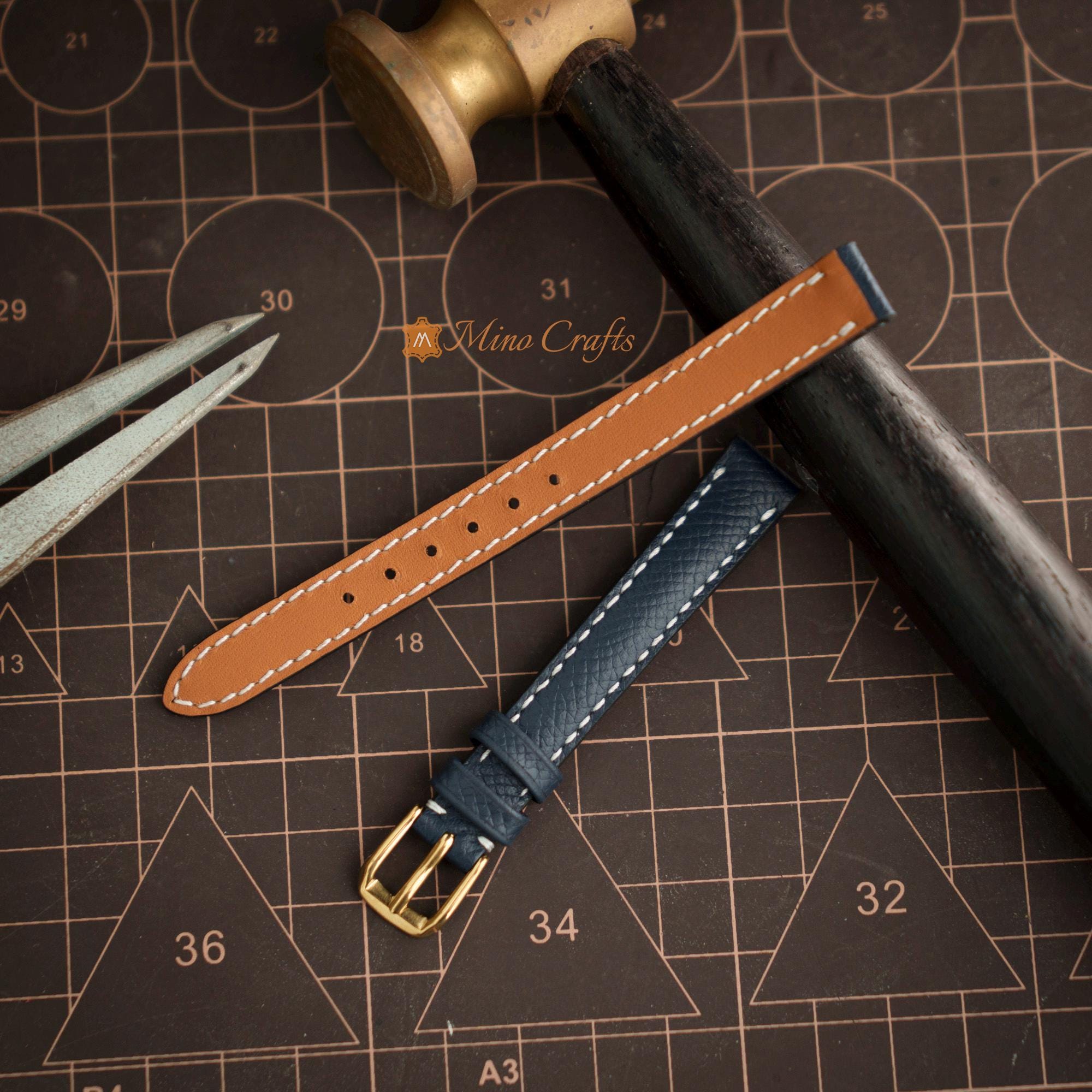 Cinturino in pelle con cuciture bianche, 20 mm/16 mm, stile rétro, blu marino, di alta qualità
