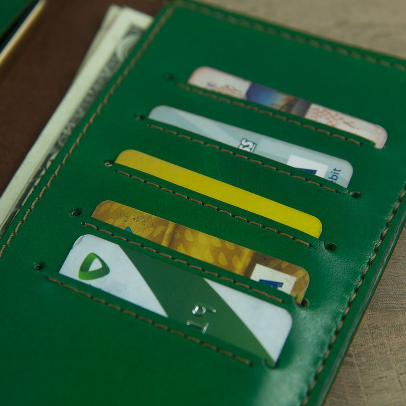 Green Checkbook Wallet Gift for her Minimal Long Wallet with phone holder Bifold Leather Wallet Hand Stitched Long Wallet Gift for him
