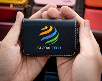 Personalized Leather Card Holder Box Custom Photo or Logo Printed Handmade Square Business Card Case, Unique Gift for Him – Minocrafts