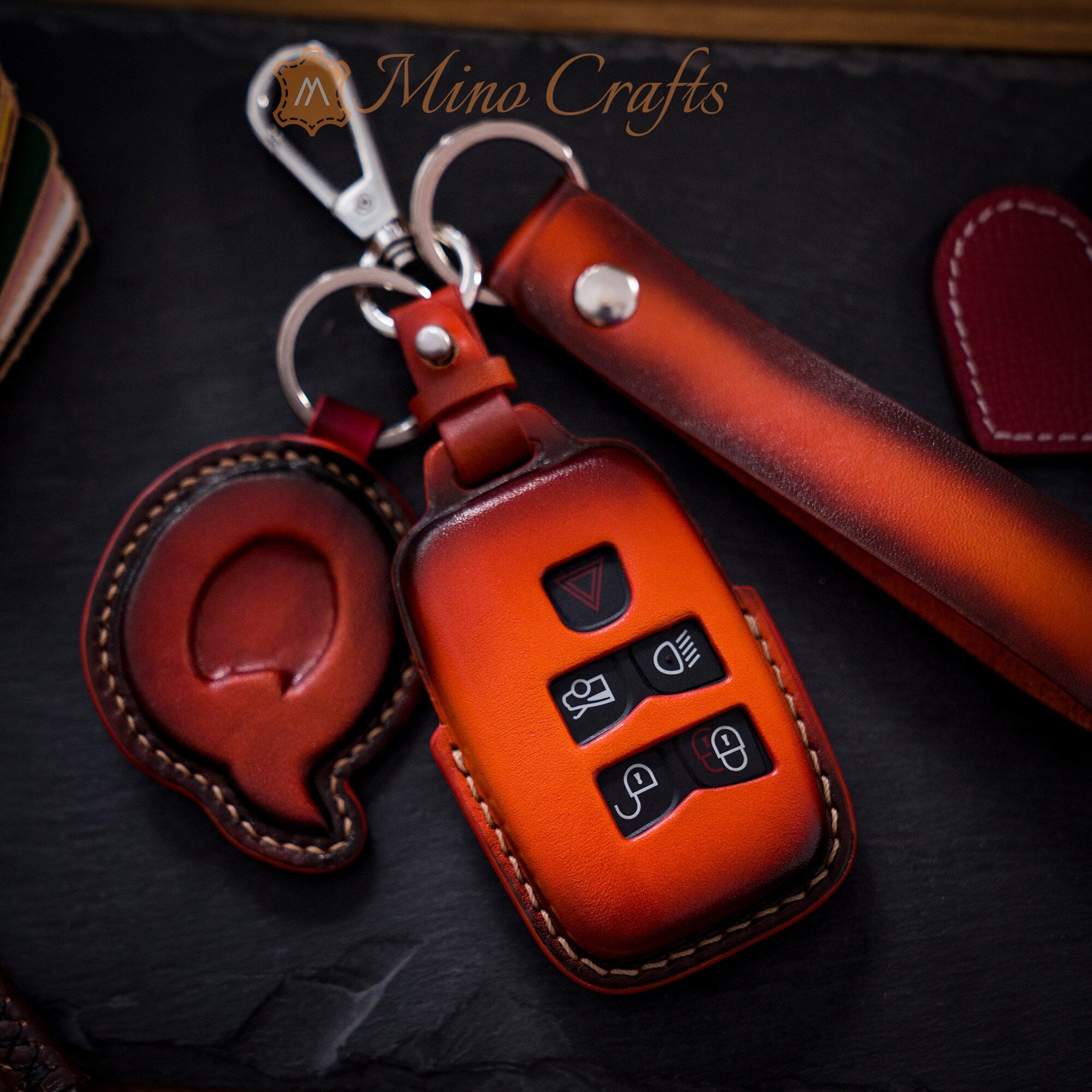 Coque De Clé Voiture En Cuir Et Alliage - Pour Land Rover, Range Rover, Jaguar - Couleur Grise, Avec Porte-clés