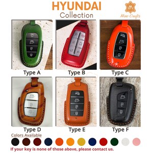May include: Six different types of leather key covers for Hyundai car keys. The covers are in various colours, including green, red, orange, brown, black, and tan. The covers are labelled with letters A through F. The text "HYUNDAI Collection" is at the top of the image. The text "Colors Available" is below the key covers. A row of coloured circles is below the text. The text "If your key is none of those above, please contact us." is at the bottom of the image.