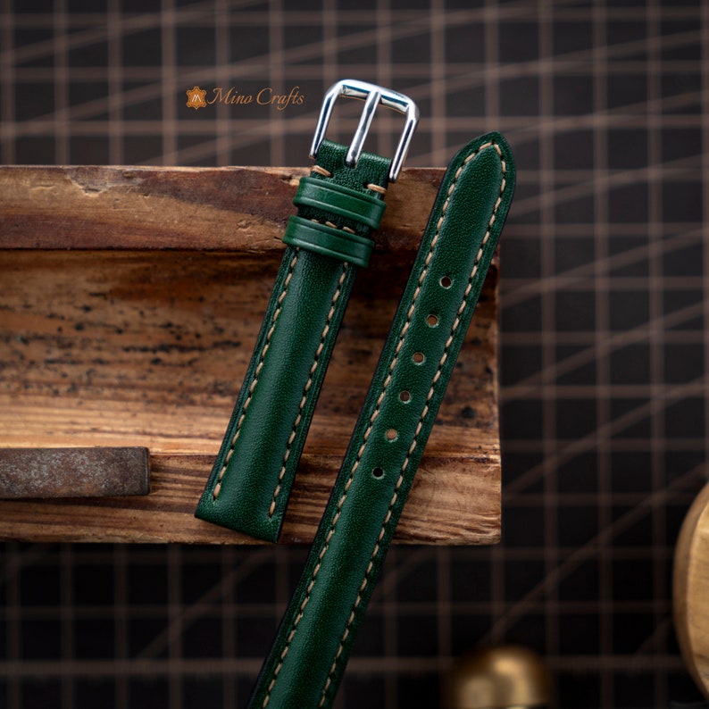 Green Leather Watch Band 8mm 10mm 12mm 14mm Leather Watch Strap Handmade Watch Band Women Watch Strap image 3