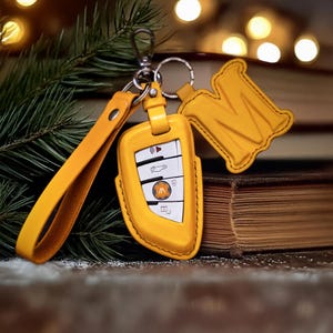 Leather Key Fob Cover For BIMMER X1 X2 X3 X5 X6 7  Series with Strap and Initial Charm Christmas Gift for Him Xmas Gift For Her