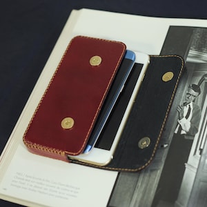 Double coque pour portable, Double protection en cuir bordeaux faite main, Housse double en cuir pour téléphone portable, Double support pour téléphone portable en cuir, Pochette téléphone en cuir
