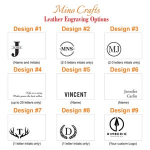 May include: Nine different leather engraving design options for a personalized gift. Designs include initials, names, and a custom logo.  The designs are numbered 1 through 9.