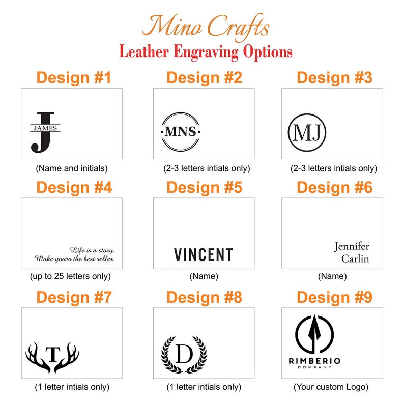 May include: Nine different leather engraving design options for a personalized gift. Designs include initials, names, and a custom logo.  The designs are numbered 1 through 9.