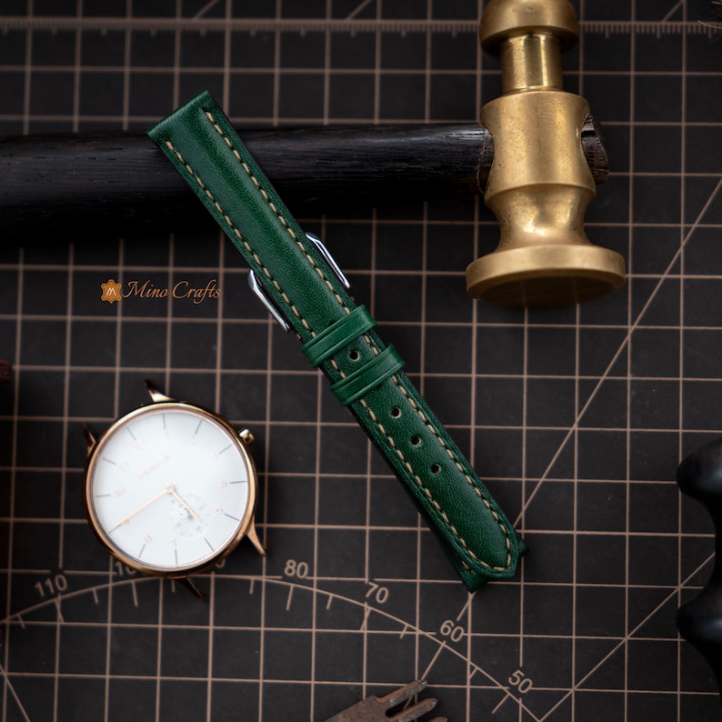 Green Leather Watch Band 8mm 10mm 12mm 14mm Leather Watch Strap Handmade Watch Band Women Watch Strap image 6