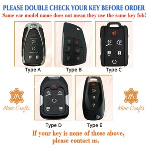 Op de afbeelding: Vijf verschillende soorten autosleutels, gelabeld van A tot en met E. De sleutels zijn zwart met zilveren knoppen en zijn gerangschikt in een raster. De tekst "PLEASE DOUBLE CHECK YOUR KEY BEFORE ORDER" staat bovenaan de afbeelding. De tekst "Same car model name does not mean they use the same key fob!" staat onder de sleutels. De tekst "If your key is none of those above, please contact us." staat onderaan de afbeelding.