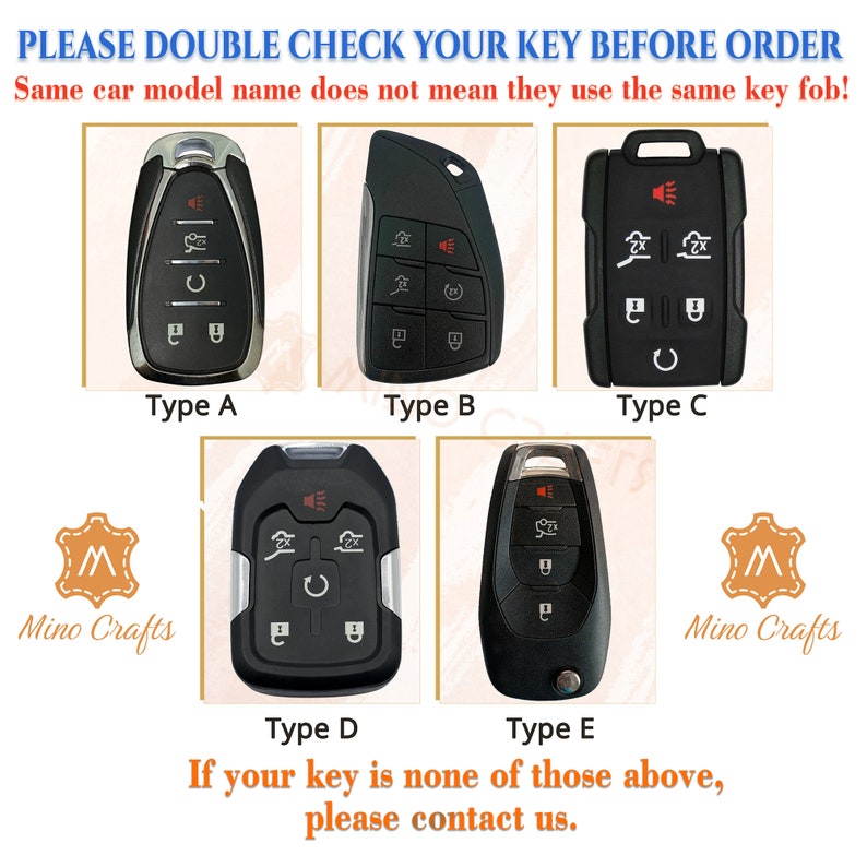 Op de afbeelding: Vijf verschillende soorten autosleutels, gelabeld van A tot en met E. De sleutels zijn zwart met zilveren knoppen en zijn gerangschikt in een raster. De tekst "PLEASE DOUBLE CHECK YOUR KEY BEFORE ORDER" staat bovenaan de afbeelding. De tekst "Same car model name does not mean they use the same key fob!" staat onder de sleutels. De tekst "If your key is none of those above, please contact us." staat onderaan de afbeelding.