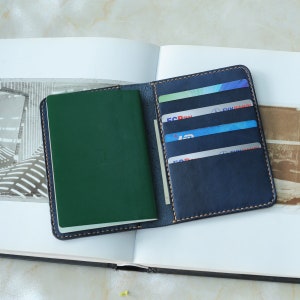 Funda de pasaporte minimalista, hecha a mano, de cuero azul marino, con tarjetero, cosida a mano, ENVÍO GRATIS