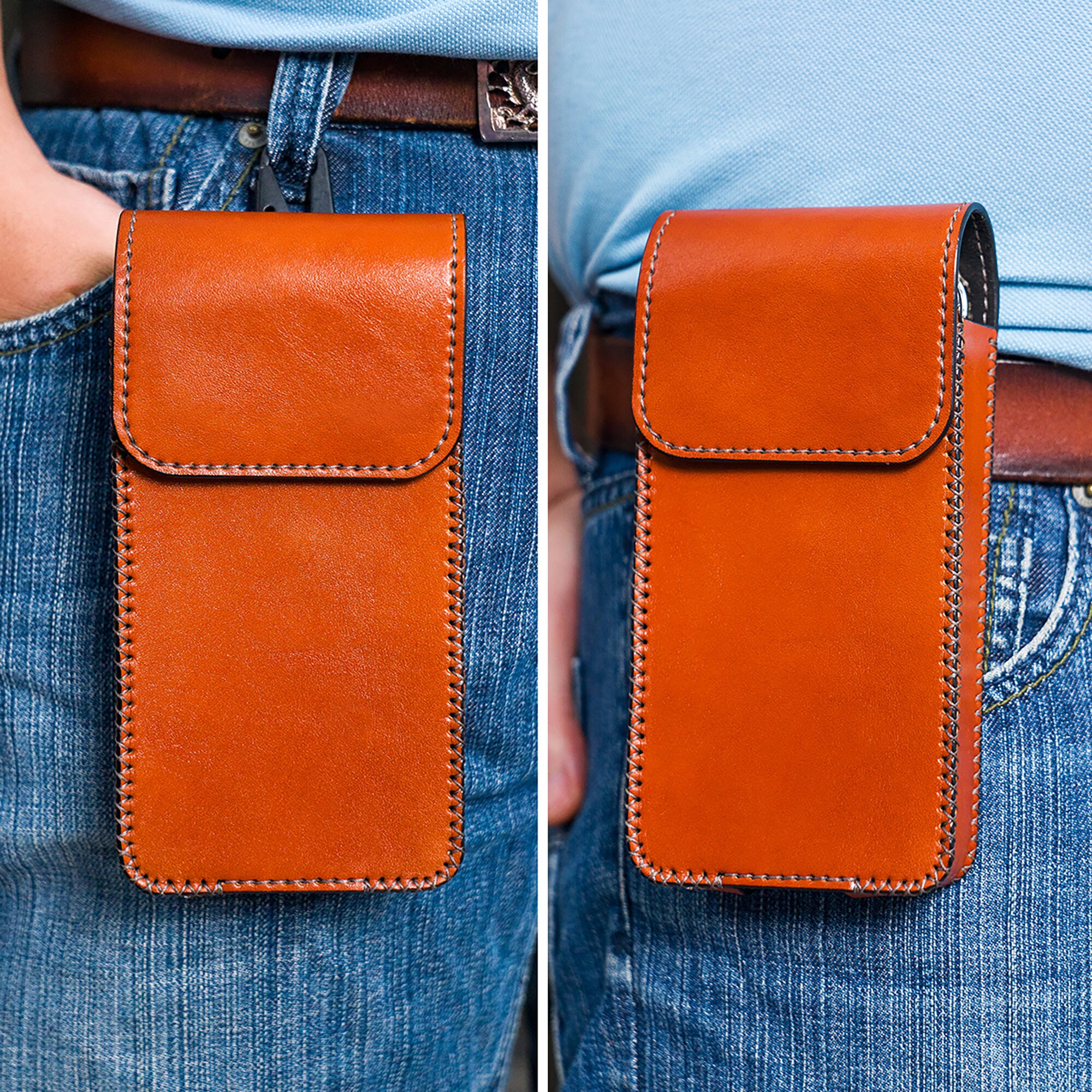 Leather Double Phone Holder Two Phone Holster Dual Phone Pouch 