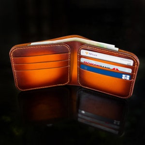 Cartera clásica para hombres Cartera de cuero con pátina naranja hecha a mano Cartera de cuero plegable Cartera azul con pátina naranja Cartera personalizada para hombres