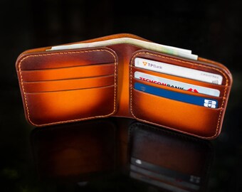 Classic Men Wallet Handmade Orange Patina Leather Wallet Bifold Leather Wallet Orange Patina Blue Wallet Personalized Mens Wallet