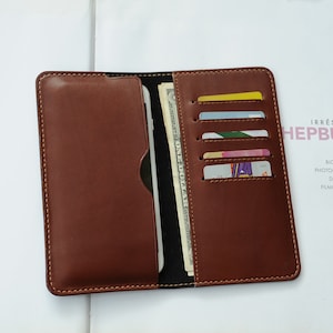 Cartera de chequera de cuero, billetera larga plegable de cuero marrón oscuro, billetera minimalista con soporte para teléfono, billetera larga cosida a mano, regalo hecho a mano
