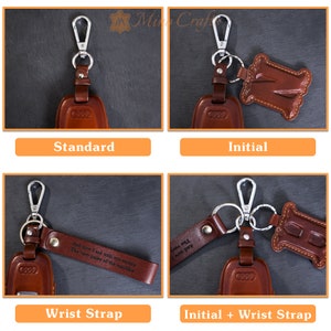 May include: Four different styles of leather keychains. The first keychain is a standard keychain with a brown leather fob. The second keychain has a brown leather initial charm. The third keychain has a brown leather wrist strap with an engraved message. The fourth keychain has both an initial charm and a wrist strap.