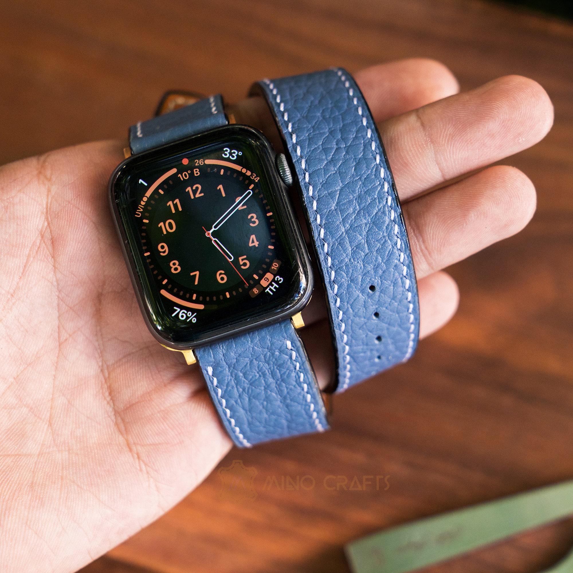 Navy Blue, White & Orange Double Tour Slim Band Apple iWatch Hermes In  Leather