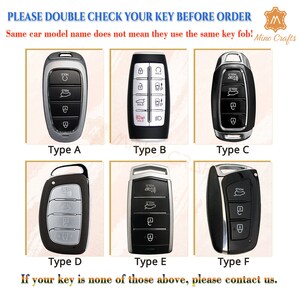 May include: Six different types of car key fobs, labelled A through F. The key fobs are all black and silver and have different button arrangements. The text "PLEASE DOUBLE CHECK YOUR KEY BEFORE ORDER" and "Same car model name does not mean they use the same key fob!" is at the top of the image. The text "Mino Crafts" is at the top right of the image.