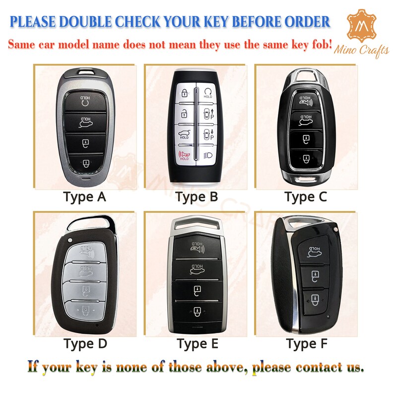 May include: Six different types of car key fobs, labelled A through F. The key fobs are all black and silver and have different button arrangements. The text "PLEASE DOUBLE CHECK YOUR KEY BEFORE ORDER" and "Same car model name does not mean they use the same key fob!" is at the top of the image. The text "Mino Crafts" is at the top right of the image.