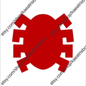 May include: A striking red graphic on a white backdrop. The design presents a central oval form with four rectangular projections, akin to a stylized emblem or logo. The Etsy shop name is visible in the image.