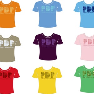 May include: Eight t-shirts in different colors with the text "PDP PERFECT DREAM PROJECT" printed on the front. The t-shirts are in the colors orange, blue, light brown, purple, pink, red, yellow, and green.
