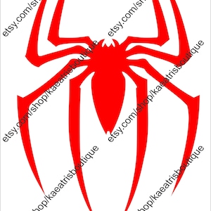 May include: A striking red spider emblem with eight elongated legs on a white background. The design features a central body and a symmetrical arrangement of legs, creating a bold visual. The Etsy shop URL is repeated around the image.