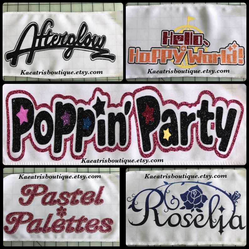 K&ouml;nnte beinhalten: F&uuml;nf B&uuml;gelbilder mit Glitzer und bunten Akzenten. Die Patches zeigen den Text "Afterglow", "Hello Happy World!" , "Poppin' Party", "Pastel Palettes", und "Roselia".