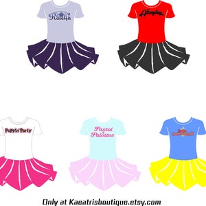K&ouml;nnte beinhalten: Sechs verschiedene Designs von M&auml;dchen-Tutus mit passenden Oberteilen. Die Oberteile zeigen verschiedene Designs und Texte, darunter "Roselia", "Afterglow", "Poppin Party", "Pastel Palettes" und "Happy Birthday". Die Tutus sind in verschiedenen Farben, darunter Lila, Schwarz, Pink, Hellrosa und Gelb.