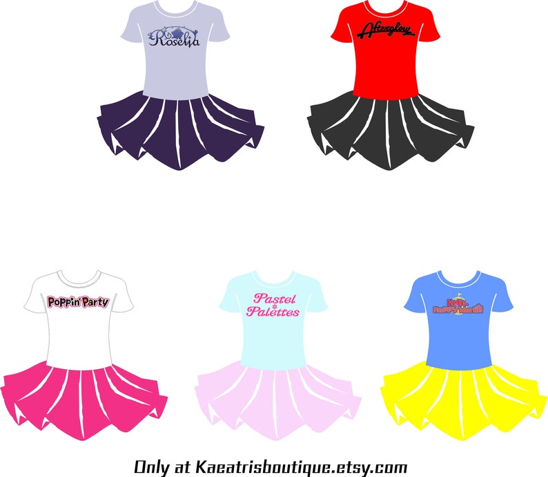 K&ouml;nnte beinhalten: Sechs verschiedene Designs von M&auml;dchen-Tutus mit passenden Oberteilen. Die Oberteile zeigen verschiedene Designs und Texte, darunter "Roselia", "Afterglow", "Poppin Party", "Pastel Palettes" und "Happy Birthday". Die Tutus sind in verschiedenen Farben, darunter Lila, Schwarz, Pink, Hellrosa und Gelb.