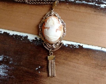 Antique Cameo Pendant 10K Rose Gold and Gold Fill Rolo Chain Necklace Loop and Loop Tassel Hand Carved Open Back Bezel Circa 1910-1920's