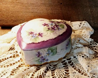 Valentine&#39;s Day Love Keepsake Hand Painted Signed Violet Flower Porcelain Heart Shaped Trinket Jewelry Vanity Box Germany Circa 1940&#39;s