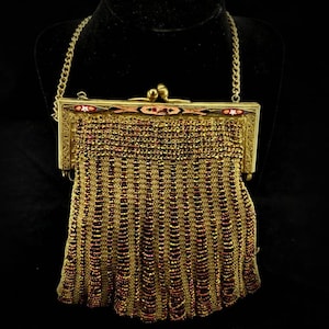 Antique Art Deco Bronze Gold Colored Enamel Metal Frame Glass Beaded Mesh Flapper Style Purse Circa 1920&#39;s