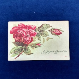 Ostern Postkarte "A Joyous Eastertide" rote Rose Rosen Blume Bud circa 1910 - 1920 gebraucht antike Postkarte