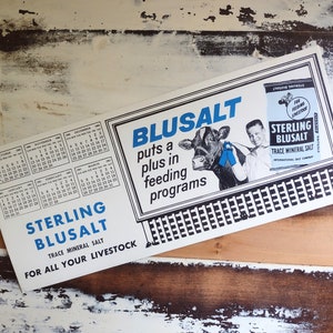 Publicidad vintage Sterling Blusalt Mineral Ganado Sal Calendario Blotter Nuevo Original Vintage Stock Circa 1960