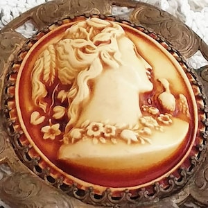 Antique Celluloid Cameo Engraved Brass Frame High Relief Pin Spilla Circa 1890