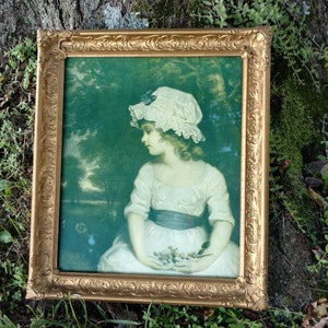 Antique Framed Victorian Era Photochrom Print Picture Portrait of Little Girl with Flowers and Bonnet