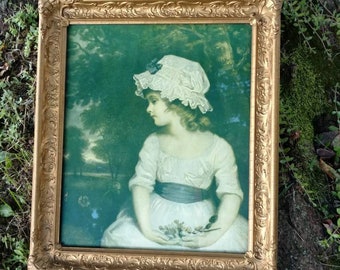 Antique Framed Victorian Era Photochrom Print Picture Portrait of Little Girl with Flowers and Bonnet