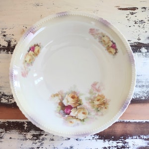 Antik tysk lavendel ljusgul och benvit lysterglas rosa transferglas benporslin 8 tum skål cirka 1900-tal