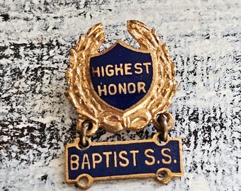 Vintage Baptist SS Sunday School Highest Honor Blue Enamel and Gold Tone Pin Cook Co. Elgin Circa 1950's
