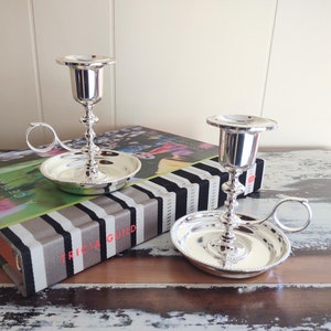 Vintage Chamberstick Chamber Stick Silver Plated EP Zinc Finger Ring Wax Catcher Candle Holder Pair Made in England Circa 1970&#39;s