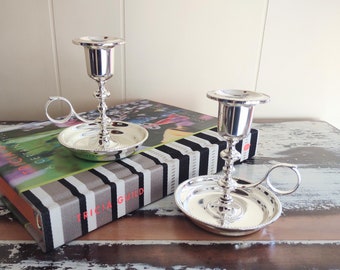 Vintage Chamberstick Chamber Stick Silver Plated EP Zinc Finger Ring Wax Catcher Candle Holder Pair Made in England Circa 1970&#39;s