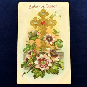 Easter Postcard &quot;A Joyful Easter&quot; Gold Cross Clematis Flower Circa 1914 Used Antique Postcard