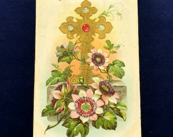 Paaskaart "Een vreugdevolle Pasen" Gouden Kruis Clematis Bloem Circa 1914 Gebruikte Antieke Ansichtkaart