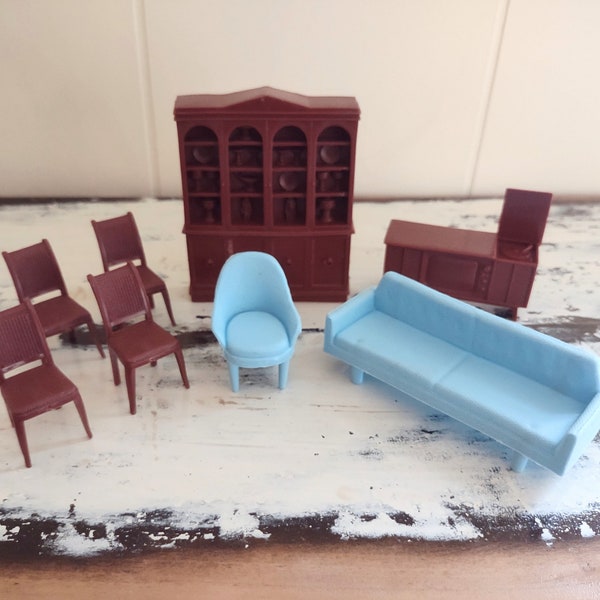 Vintage Marx Plastic Dollhouse Furniture Cabinet Chairs Sofa Record Player Brown Blue 8 Piece Set 1/2 Scale Mid Century Modern 1960's