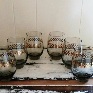 Six (6) Vintage Purina Feed Checkerboard Libbey Tempo Smoke Gray Roly Poly Retro Barware Glasses Mid Century Modern Circa 1950&#39;s