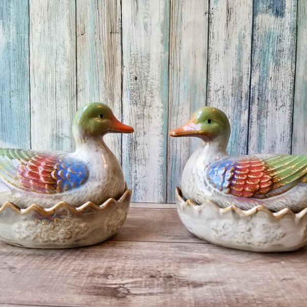 Vintage Pottery Nesting Duck Terrine Bowls,  Colorful Duck Container Lidded Pate Serving Dishes,  Matched Pair Ducks