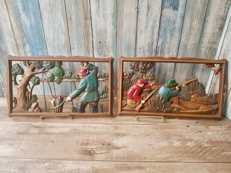 Vintage Syroco Wood Hunting And Fishing Wall Plaque Set 1960s Decor For Cabin Lodge Or Den